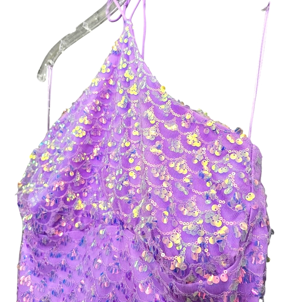 Nwt Fashion Nova Lavender Iradecent Sequin Vitamin Sea Halter Fringed Mini Dress - Picture 9 of 17